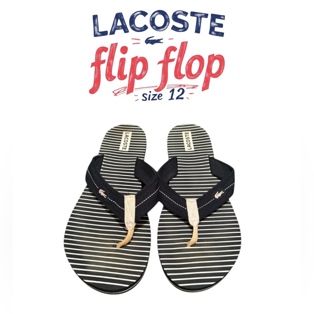 🐊 Lacoste navy blue with white stripes size 12 flip flops